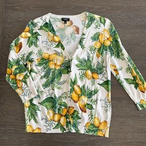 Talbots PM 3/4 sleeve cardigan lemon motif gold buttons